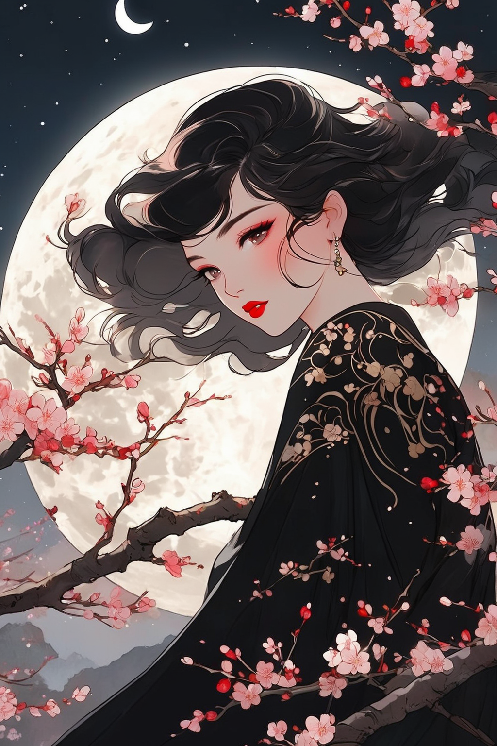 04132-76324973-a woman with a black dress and a cherry blossom tree in front of a full moon with pink flowers,_moon,full_moon,cherry_blossoms,1.png